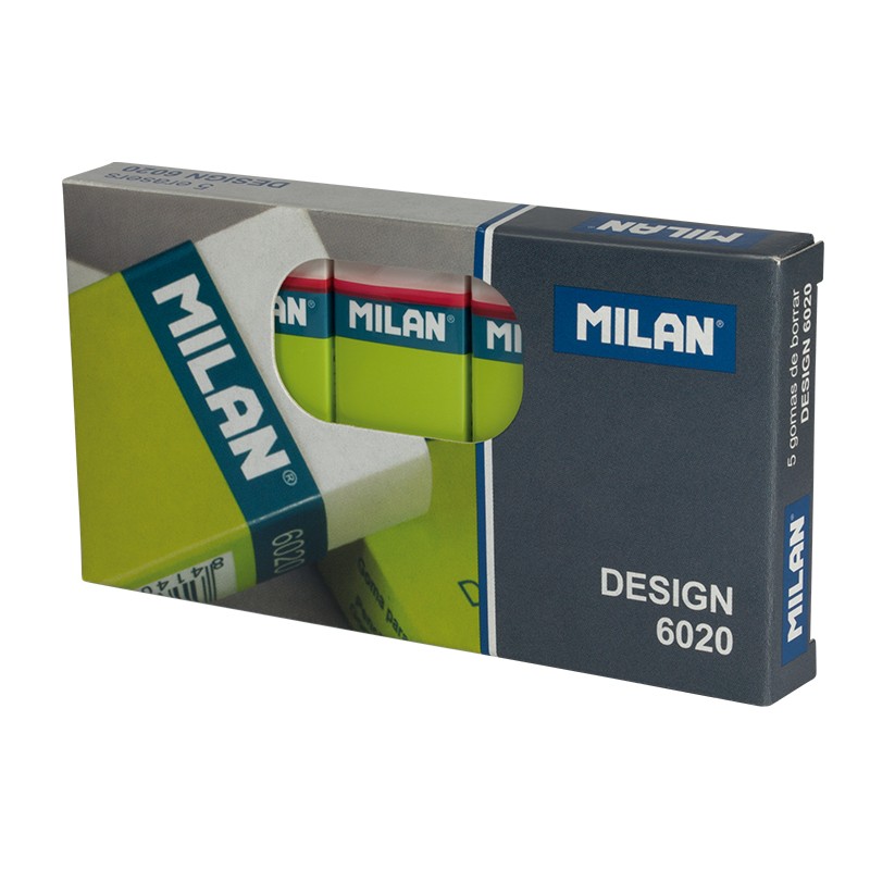 LOT de 5 Milan Nata 6020 Gomme à Dessin - Rectangulaire - Plastique - Ceinture en Carton Vert - Emballé Individuellement - Couleur Blanc