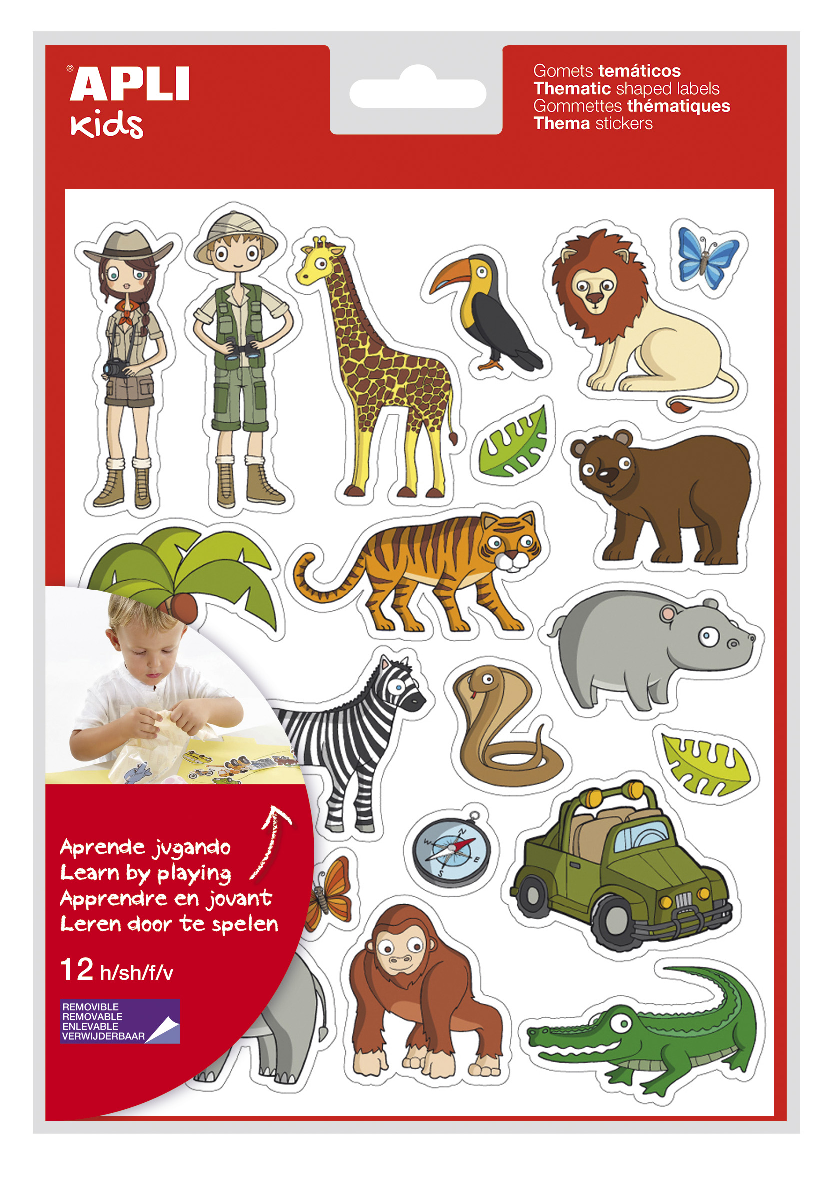 LOT de 5 Sachet Apli d'autocollants sur le thème de la jungle - 252 autocollants sur 12 feuilles - Adhésif amovible - Idéal pour les écoles - Conforme aux normes EN-71 et FSC - Sans solvant - Recyclable - Illustrations amusantes - Coloré