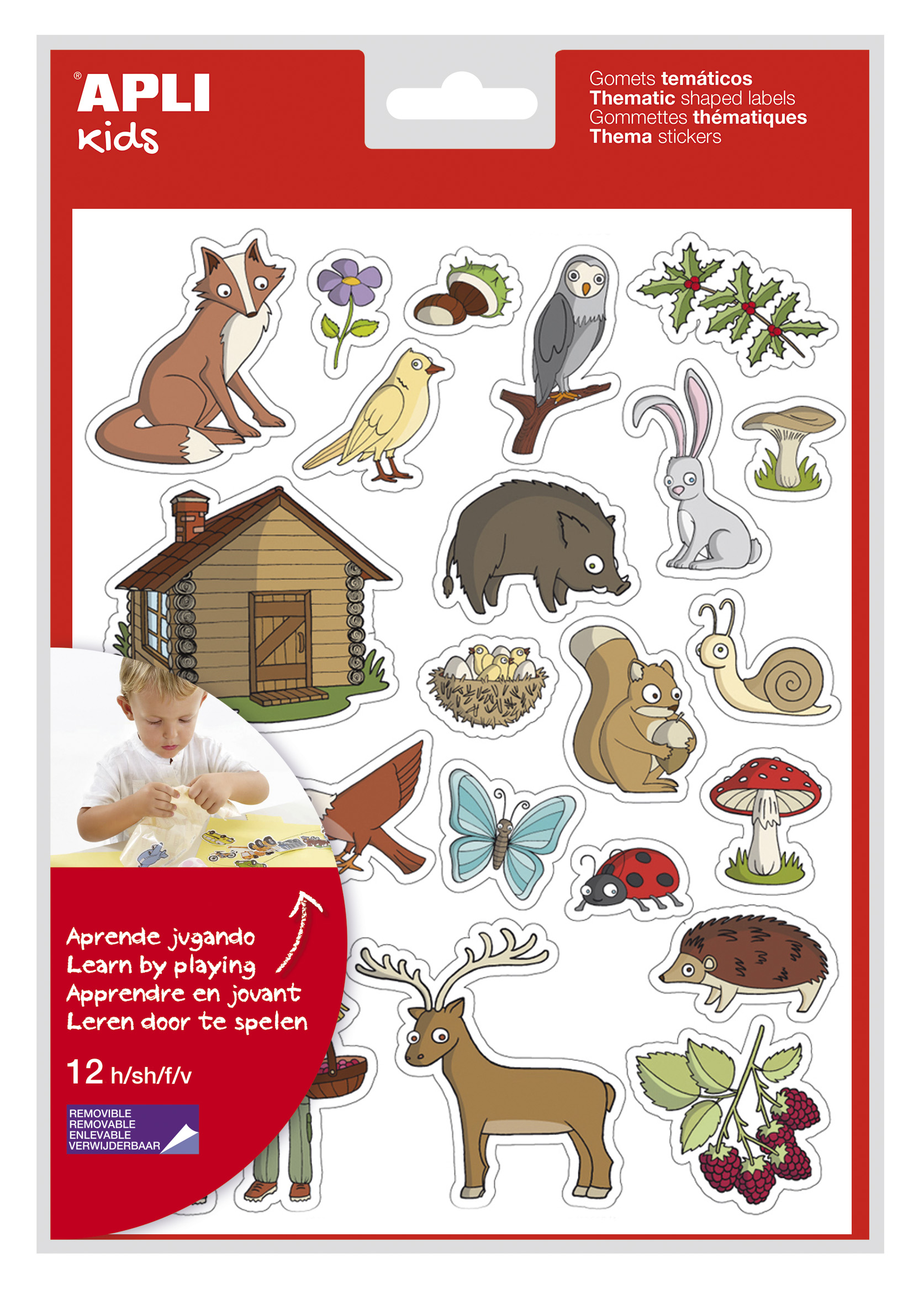 LOT de 5 Sachet Apli de Stickers Thème Forêt - 276 Stickers sur 12 Feuilles - Adhésif Amovible - Idéal pour les Ecoles - Sans Solvant - Recyclable - Thème Animaux et Objets Colorés de la Forêt