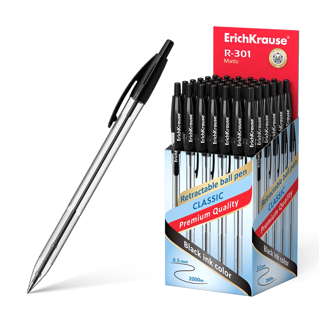 LOT de 50 Erichkrause Stylo à bille automatique R-301 Classic Matic 1.0 - Pointe 1,0 mm - Encre à séchage rapide - Corps hexagonal transparent - Couleur noire