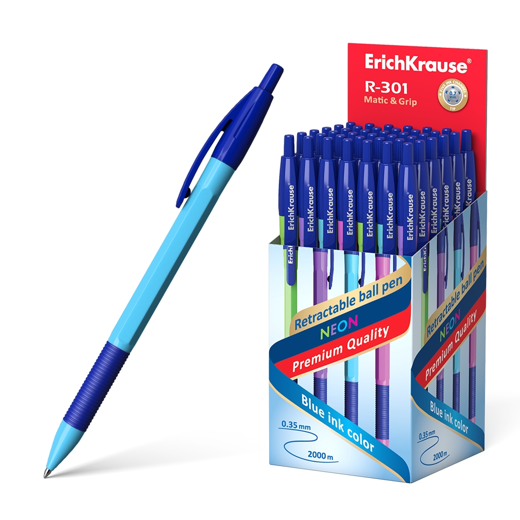 LOT de 50 Stylo à bille automatique Erichkrause R-301 Neon Matic&Grip 0,7 - Corps hexagonal néon - Pointe 0,7 mm - Encre à séchage rapide - Couleur bleue