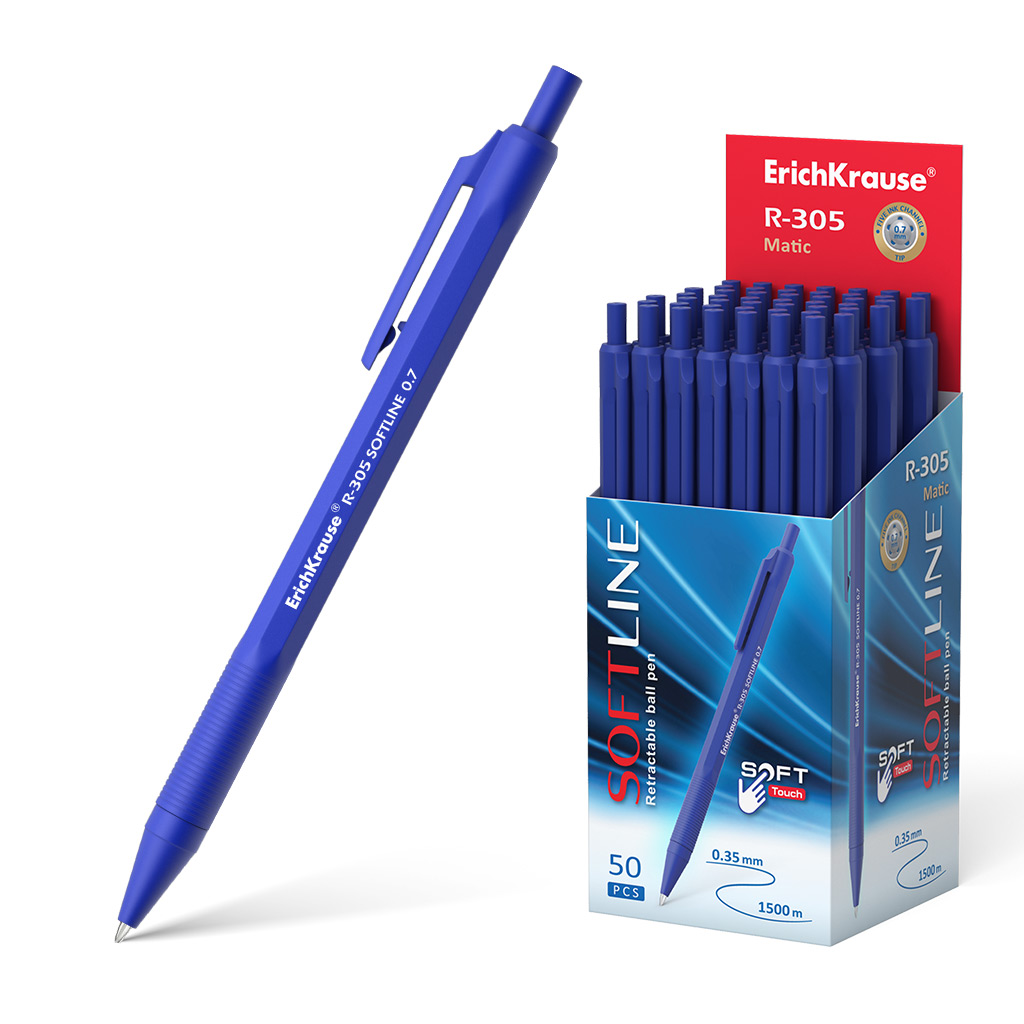 LOT de 50 Stylo à bille automatique Erichkrause R-305 - Rechargeable - Pointe aiguille - Corps hexagonal opaque - Encre à séchage rapide - Couleur bleue