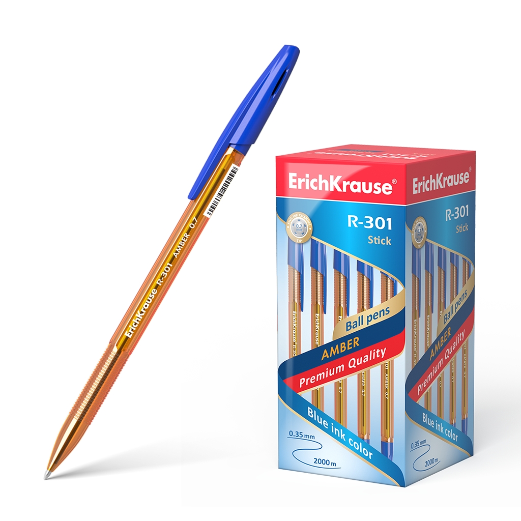 LOT de 50 Stylo à bille Erichkrause R-301 Amber Stick 0.7 - Corps hexagonal translucide - Pointe de 0,7 mm - Encre à séchage rapide - Couleur bleue