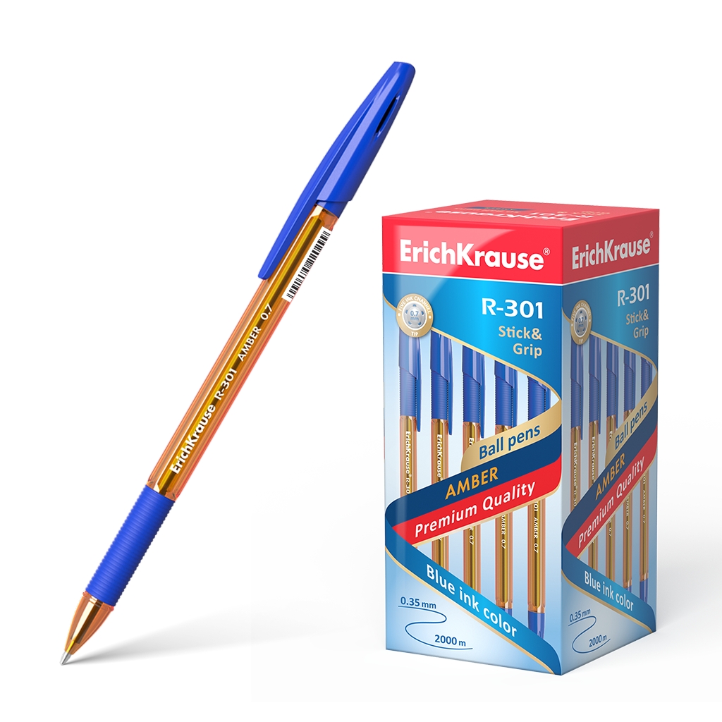 LOT de 50 Stylo à bille Erichkrause R-301 Amber Stick&Grip 0.7 - Corps hexagonal translucide - Zone de préhension en caoutchouc - Pointe de 0,7 mm - Encre à séchage rapide - Couleur bleue