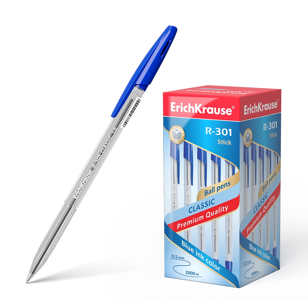 LOT de 50 Stylo à bille Erichkrause R-301 Classic Stick 1.0 - Corps transparent hexagonal - Pointe de 1,0 mm - Encre à séchage rapide - Couleur bleue