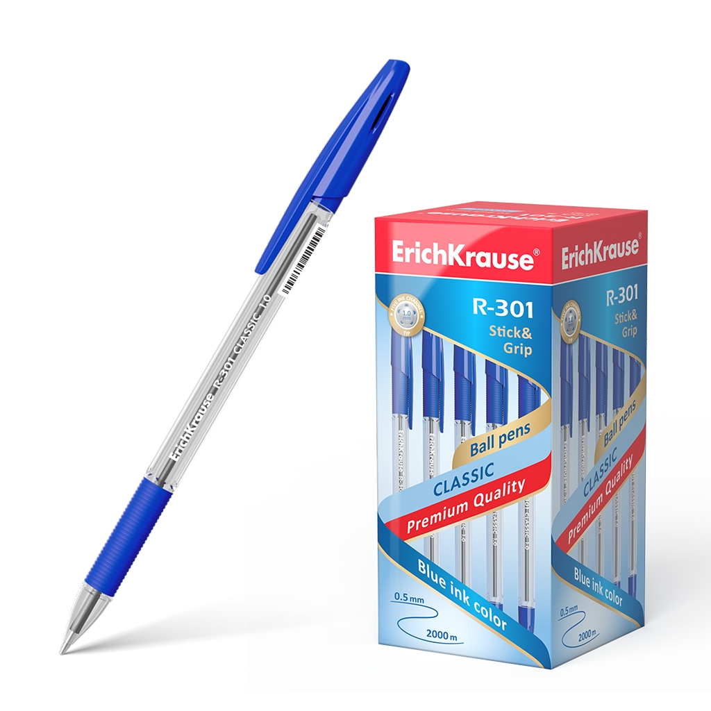 LOT de 50 Stylo à bille Erichkrause R-301 Classic Stick&Grip 1.0 - Corps transparent hexagonal - Zone de préhension en caoutchouc - Capuchon ventilé - Encre à séchage rapide - Couleur bleue