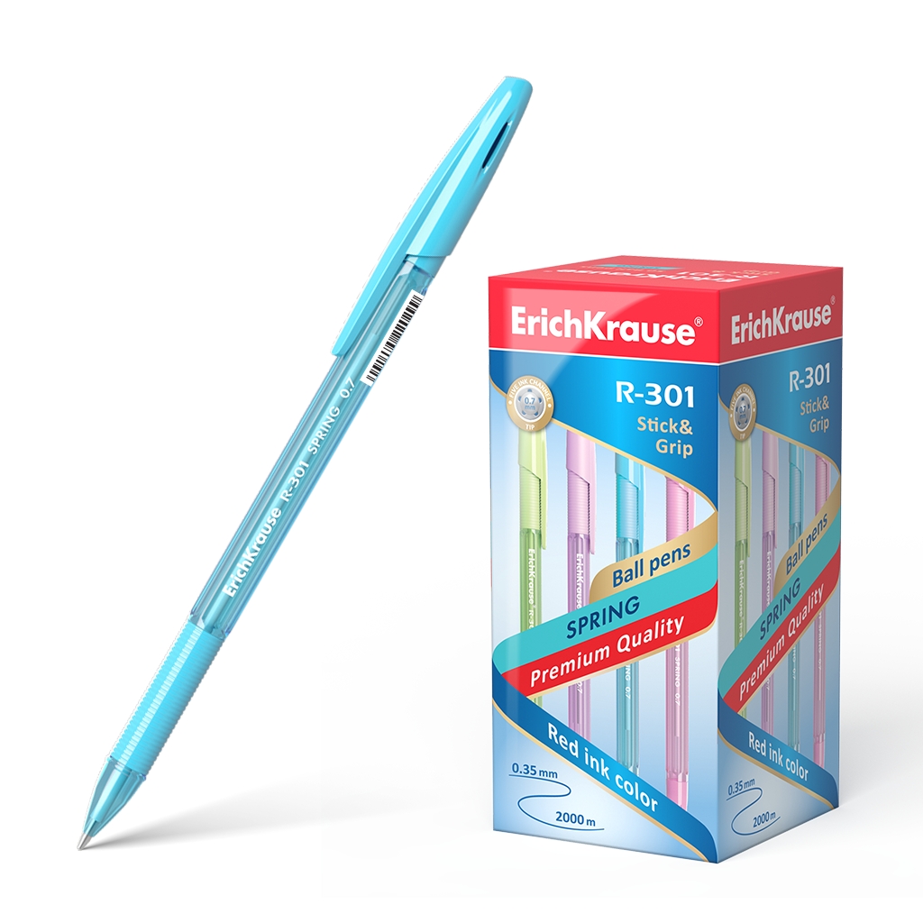 LOT de 50 Stylo à bille Erichkrause R-301 Spring Stick&Grip 0.7 - Corps hexagonal translucide - Zone de préhension en caoutchouc profilée - Pointe de 0,7 mm - Encre à séchage rapide - Couleur bleue