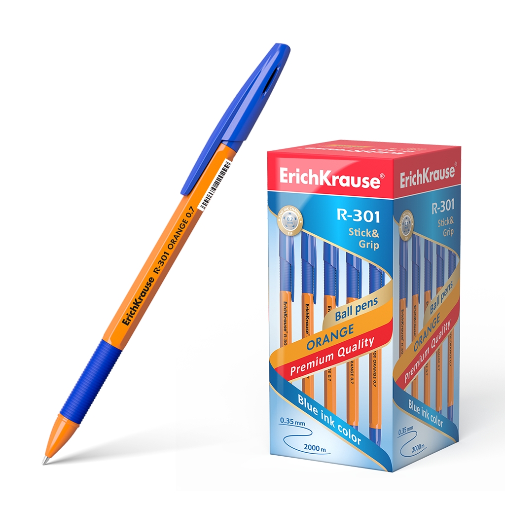 LOT de 50 Stylo à bille Erichkrause R-301 Stick&Grip - Corps hexagonal orange - Pointe 0,7 mm - Encre à séchage rapide - Couleur bleue
