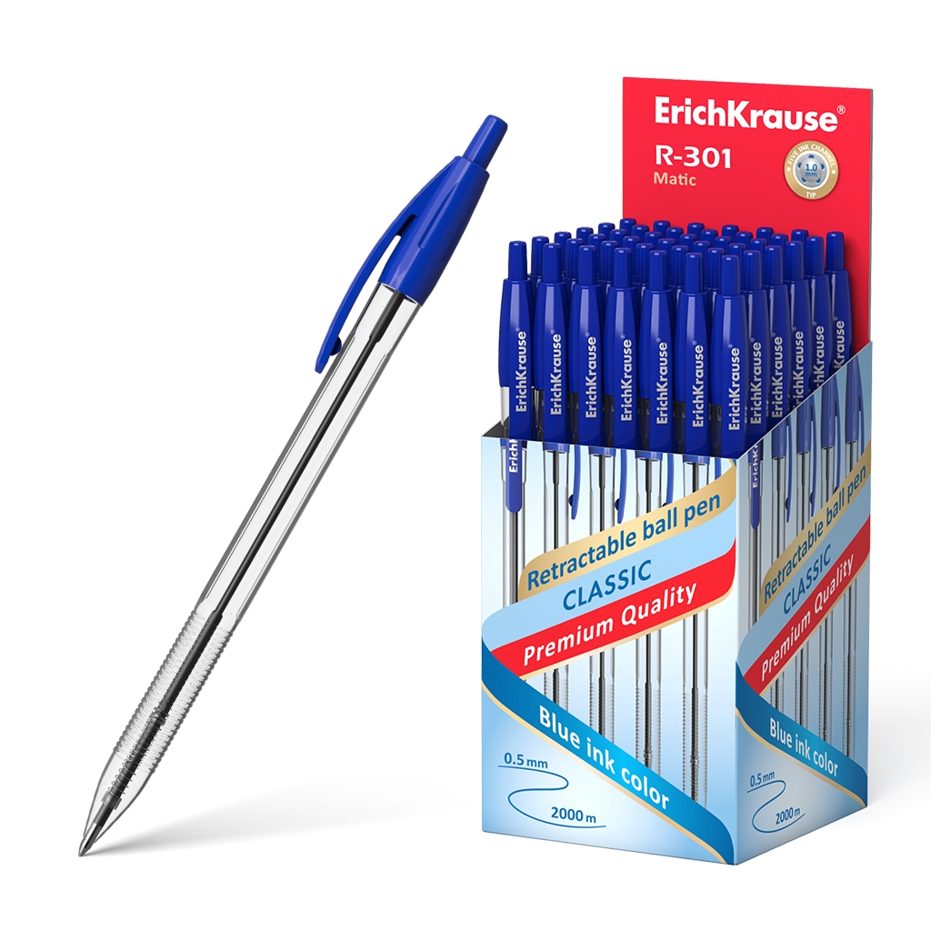 LOT de 50 Stylo Bille Automatique Erichkrause R-301 Classic Matic 10 - Pointe Standard 10mm - Encre à Séchage Rapide - Corps Hexagonal Transparent - Couleur Azur