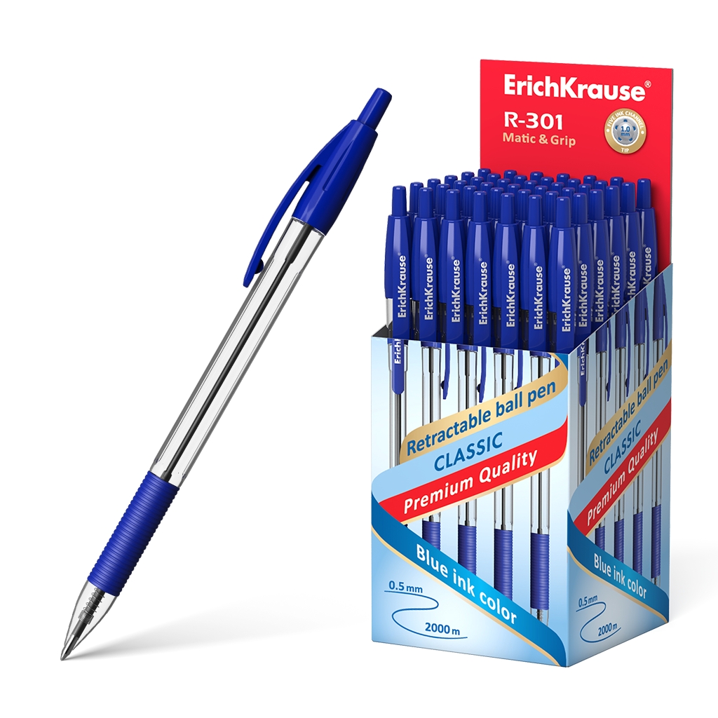 LOT de 50 Stylo bille automatique Erichkrause R-301 Classic Matic&Grip 1.0 - Pointe 1.0mm - Encre à séchage rapide - Couleur azur