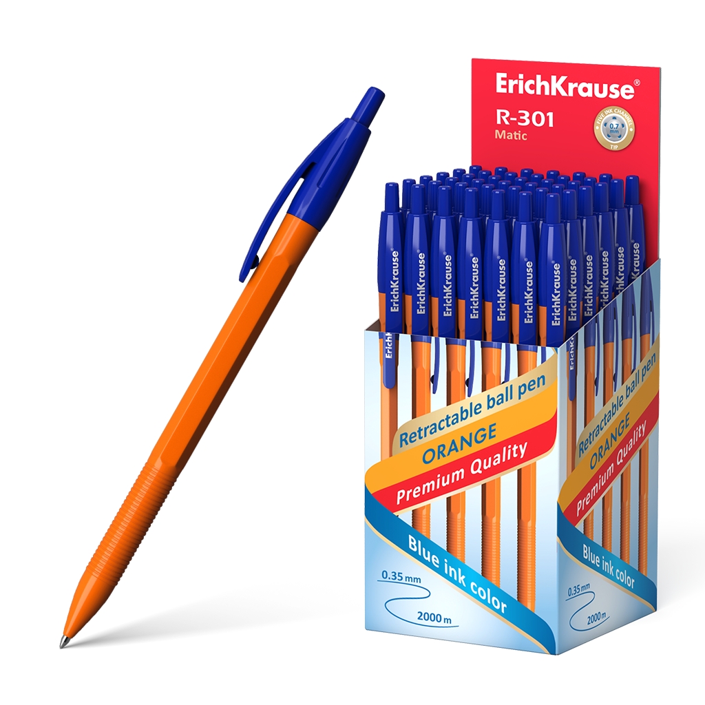 LOT de 50 Stylo Bille Automatique Erichkrause R-301 Orange Matic 07 - Corps Hexagonal Opaque - Grip - Pointe 07mm - Encre à Séchage Rapide - Couleur Azur