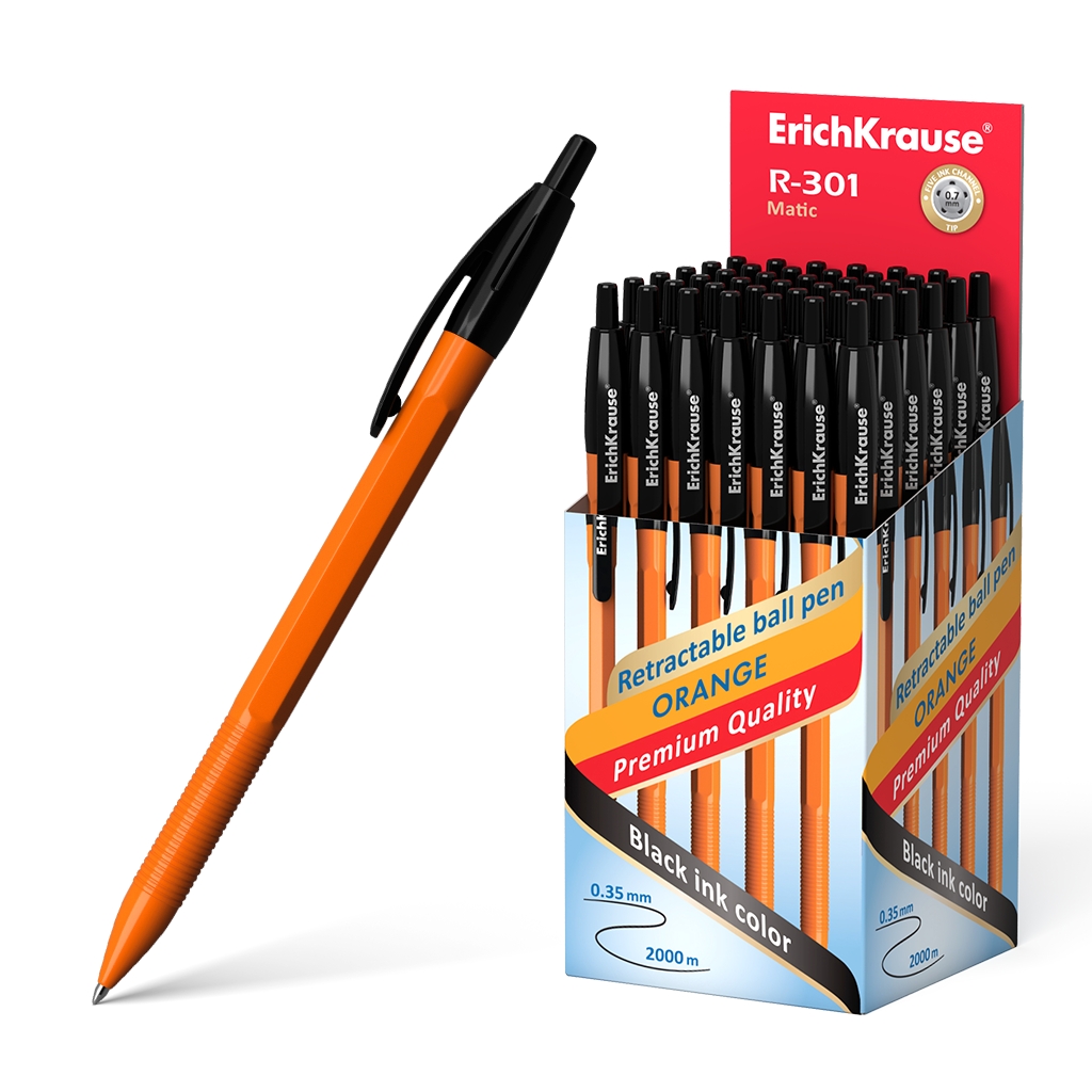 LOT de 50 Stylo Bille Automatique Erichkrause R-301 Orange Matic 07 - Corps Hexagonal Opaque - Grip - Pointe 07mm - Encre à Séchage Rapide - Couleur Noir