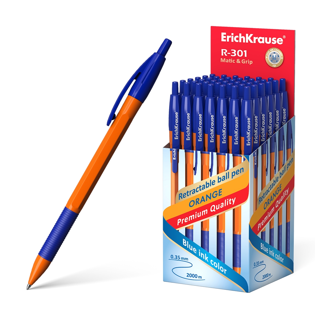 LOT de 50 Stylo Bille Automatique Erichkrause R-301 Orange Matic&Grip 07 - Corps Hexagonal Opaque - Grip Caoutchouc - Pointe 07mm - Encre à Séchage Rapide - Couleur Azur