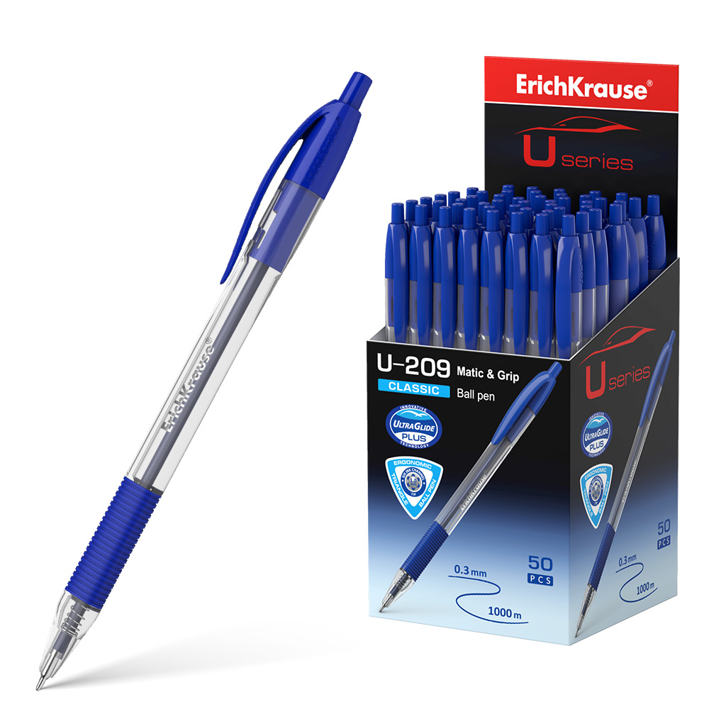 LOT de 50 Stylo bille automatique Erichkrause U-209 Classic Matic&Grip - Technologie Ultra Glide - Encre bleue