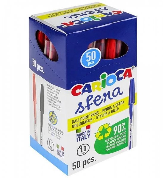 LOT de 50 Stylo Bille Carioca Sfera - Pointe Ø 1mm - Capuchon et Encre Couleur Rétro - Écriture Super Coulissante - Paquet Papier - Couleur Rouge