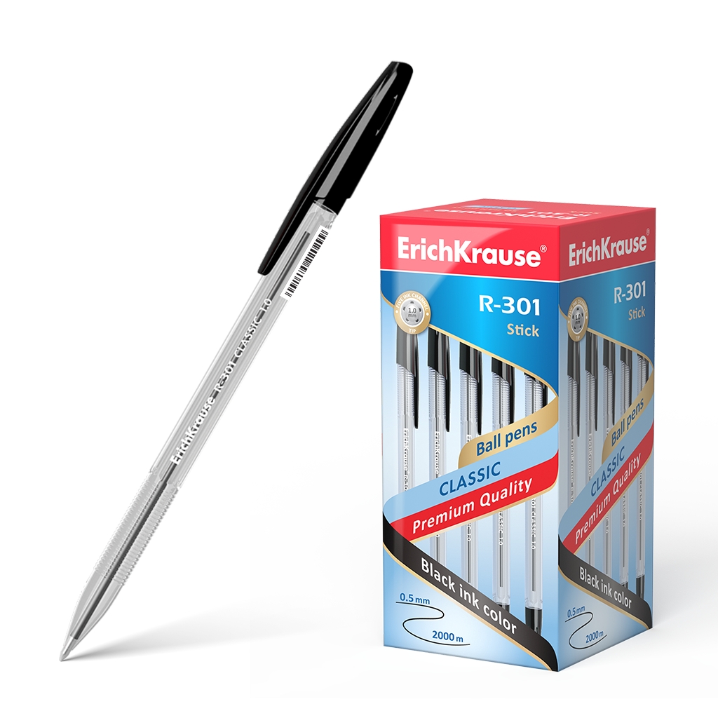 LOT de 50 Stylo Bille Erichkrause R-301 Classic Stick 1.0 - Corps Transparent Hexagonal - Pointe 1.0mm - Encre à Séchage Rapide - Couleur Noir