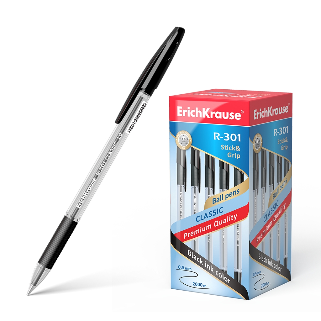 LOT de 50 Stylo Bille Erichkrause R-301 Classic Stick&Grip 1.0 - Corps Transparent Hexagonal - Zone Grip en Caoutchouc - Capuchon Ventilé - Encre à Séchage Rapide - Couleur Noir