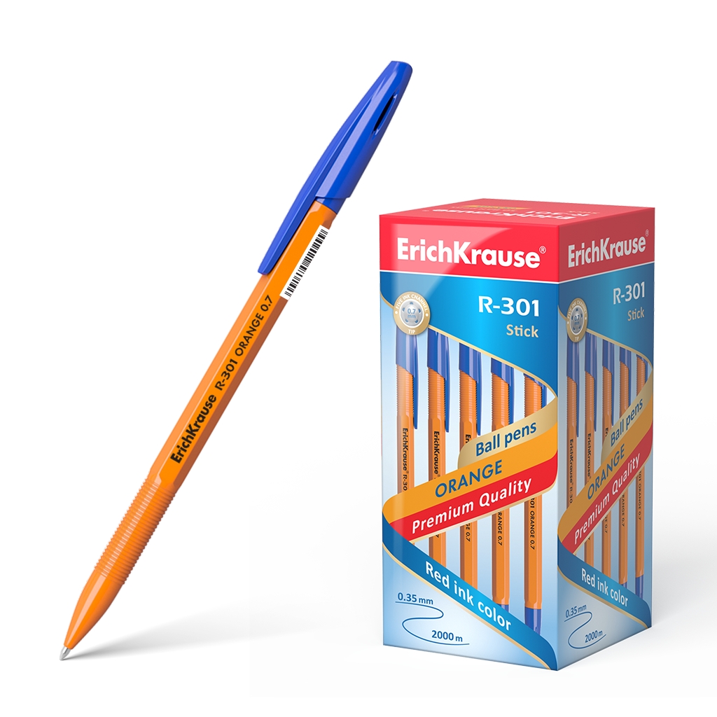 LOT de 50 Stylo bille Erichkrause R-301 Orange Stick 0.7 - Corps Hexagonal Opaque - Pointe 0.7mm - Encre à Séchage Rapide - Couleur Bleue