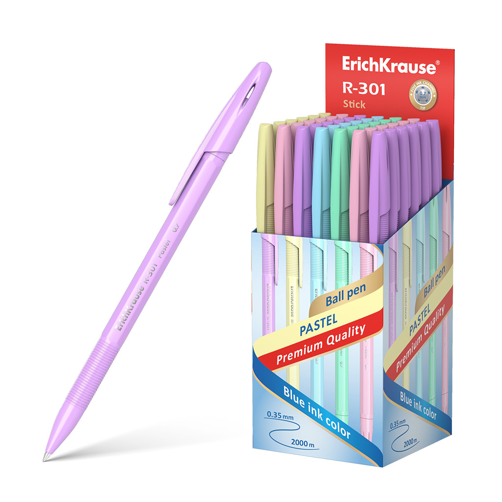 LOT de 50 Stylo bille Erichkrause R-301 Pastel Stick 0.7 - Rechargeable - Encre à séchage rapide - Couleur bleue