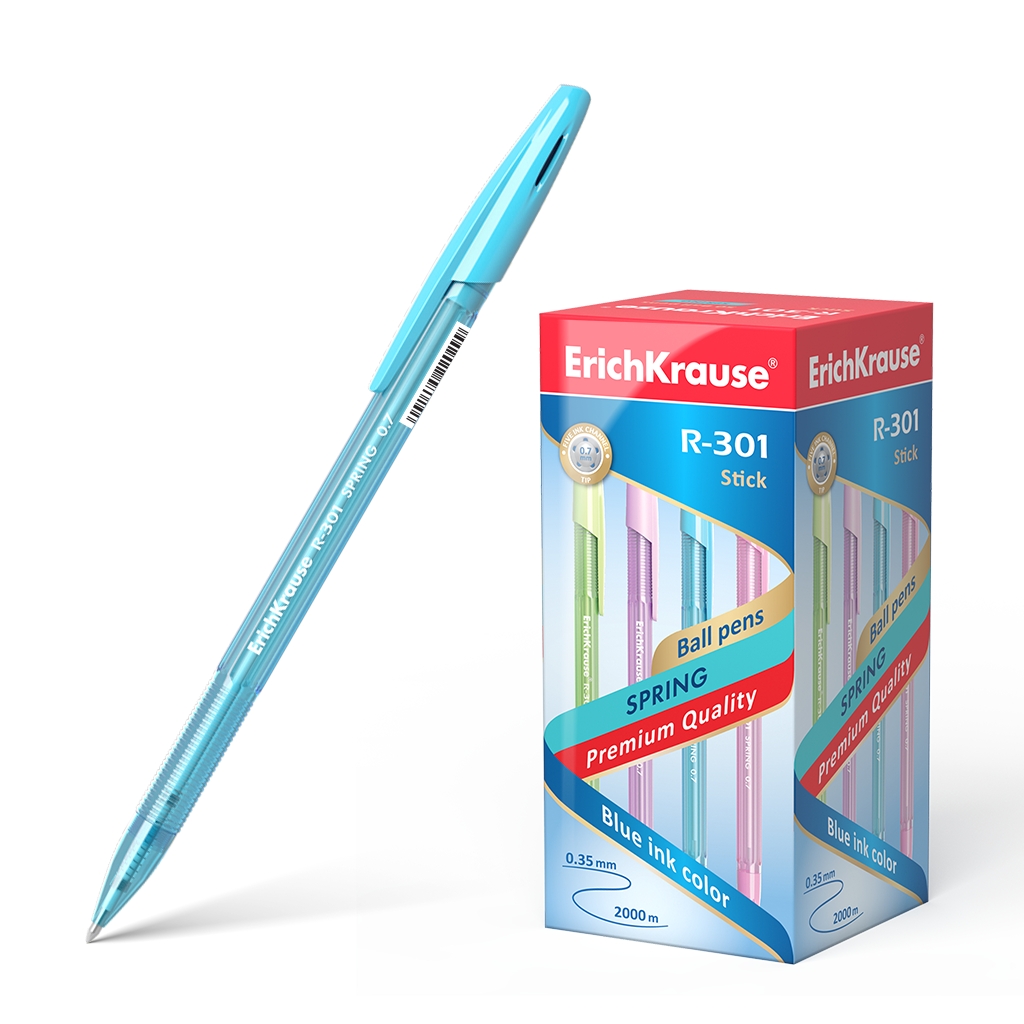 LOT de 50 Stylo bille Erichkrause R-301 Spring Stick 0.7 - Corps hexagonal translucide - Pointe 0.7mm - Encre à séchage rapide - Couleur bleue