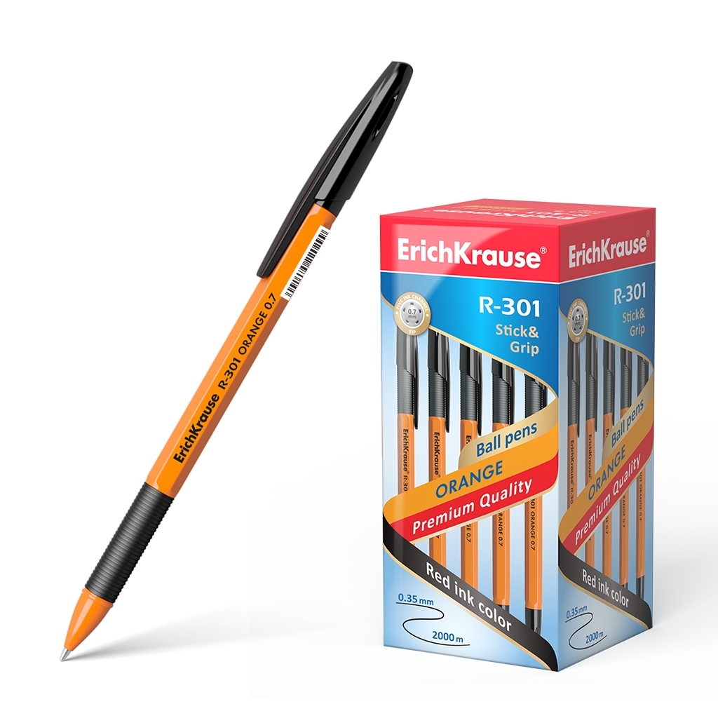 LOT de 50 Stylo Bille Erichkrause R-301 Stick&Grip 0.7 - Corps Orange avec Grip Caoutchouc - Encre à Séchage Rapide - Couleur Noir