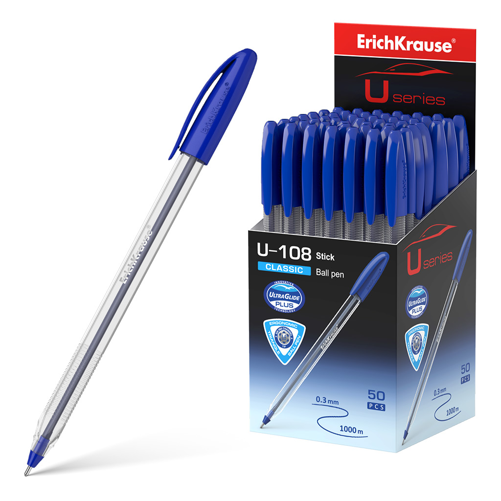 LOT de 50 Stylo bille Erichkrause U-108 Classic Stick - Technologie Ultra Glide - Encre bleue