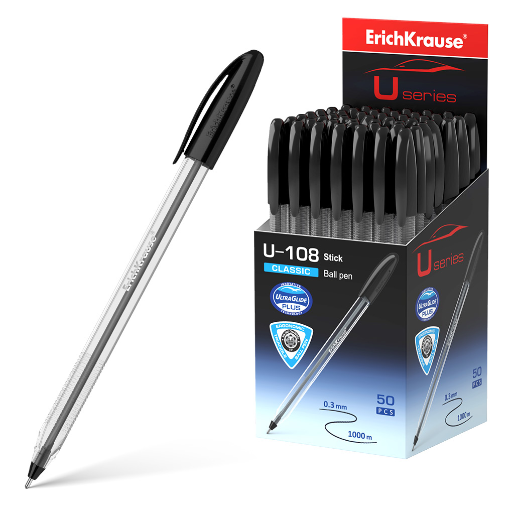 LOT de 50 Stylo bille Erichkrause U-108 Classic Stick - Technologie Ultra Glide - Encre noire