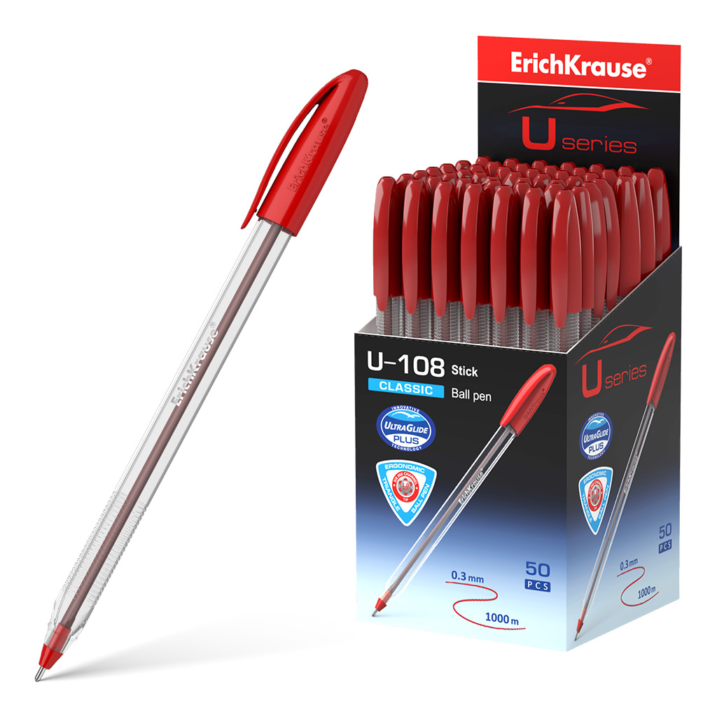 LOT de 50 Stylo bille Erichkrause U-108 Classic Stick - Technologie Ultra Glide - Encre rouge