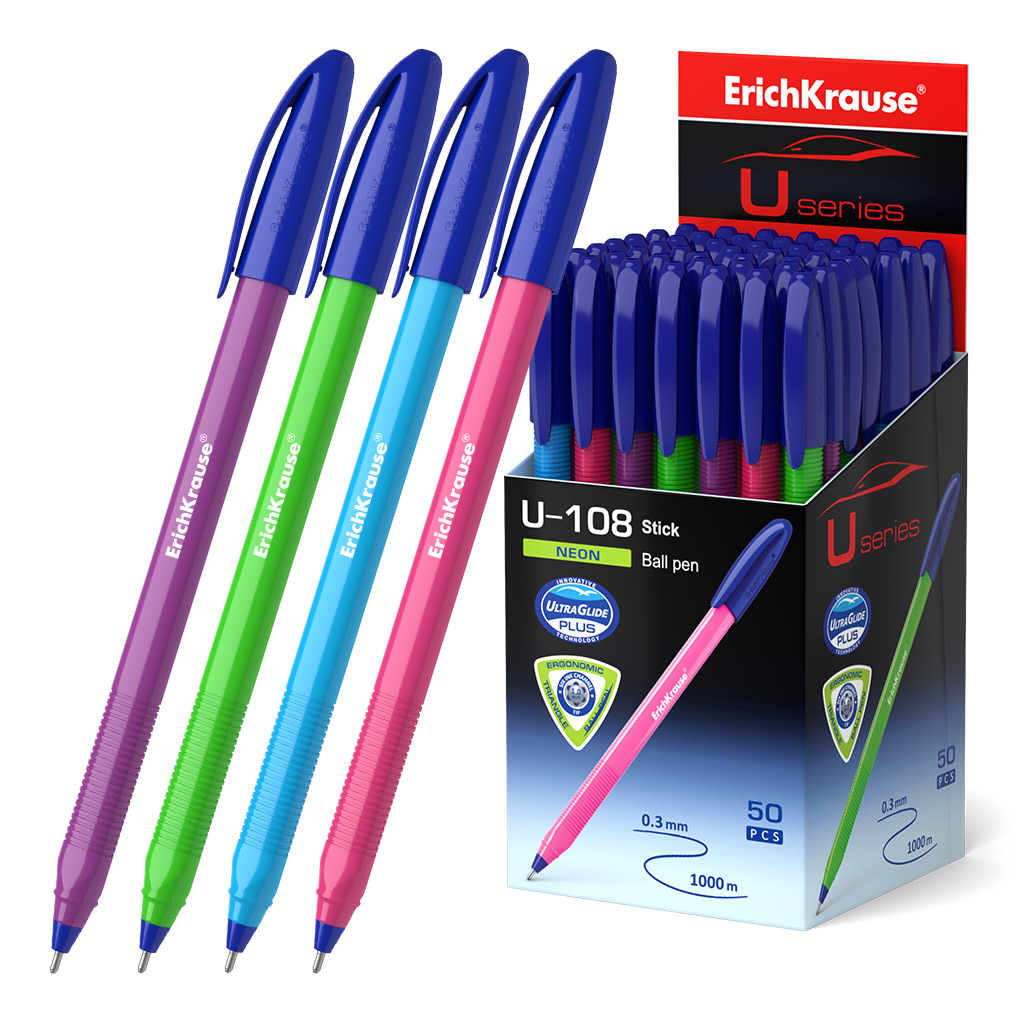 LOT de 50 Stylo bille Erichkrause U-108 Neon Stick 1.0 - Technologie Ultra Glide - Couleur Bleu