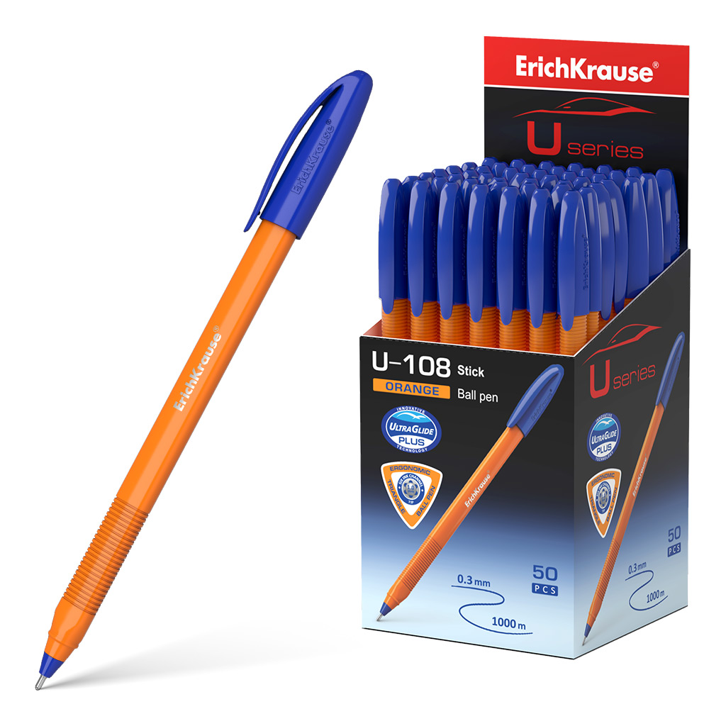 LOT de 50 Stylo bille Erichkrause U-108 Orange Stick - Technologie Ultra Glide - Encre bleue