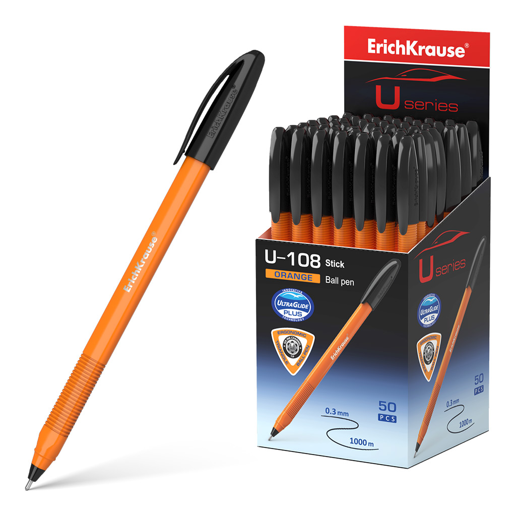 LOT de 50 Stylo bille Erichkrause U-108 Orange Stick - Technologie Ultra Glide - Encre noire