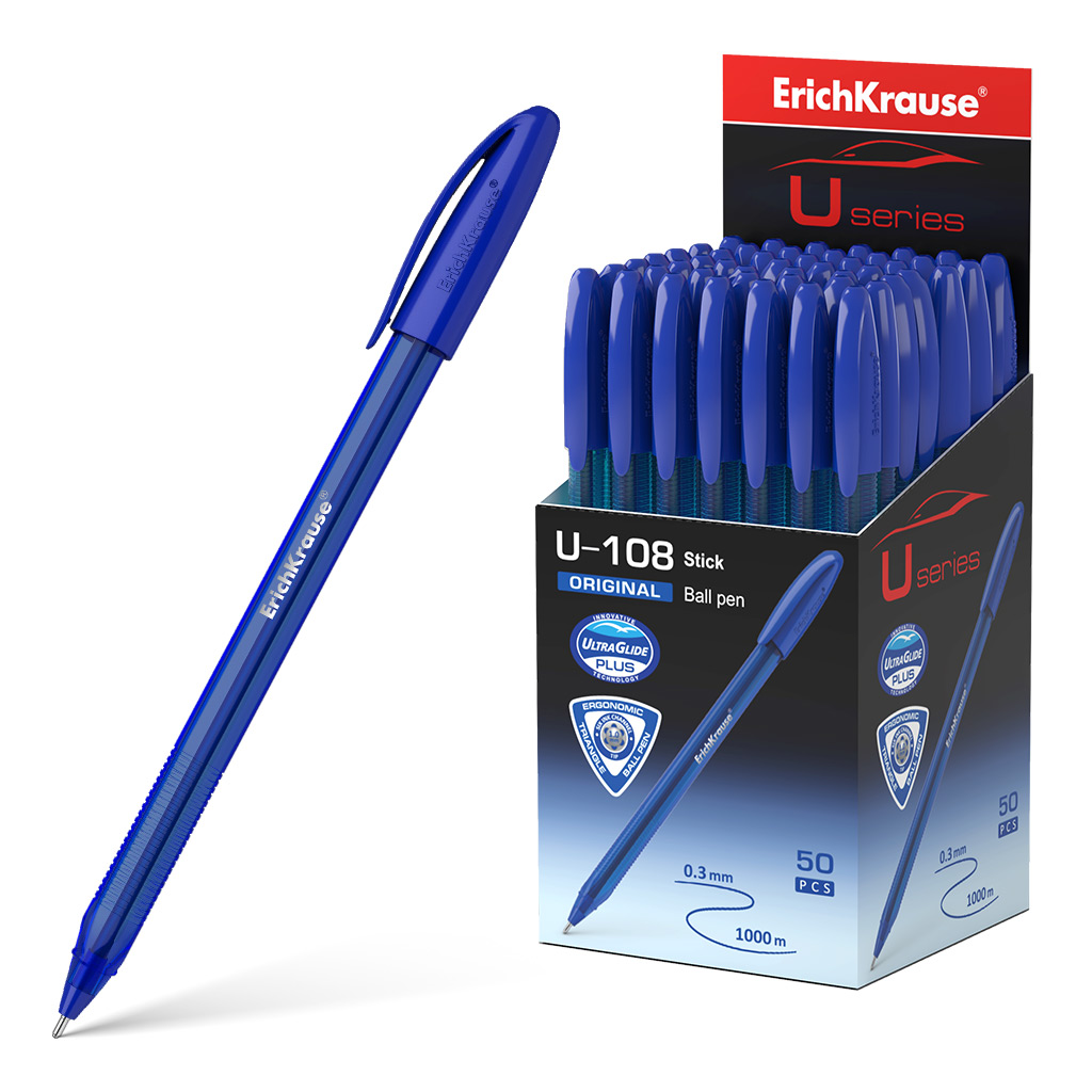 LOT de 50 Stylo bille Erichkrause U-108 Original Stick - Technologie Ultra Glide - Encre bleue