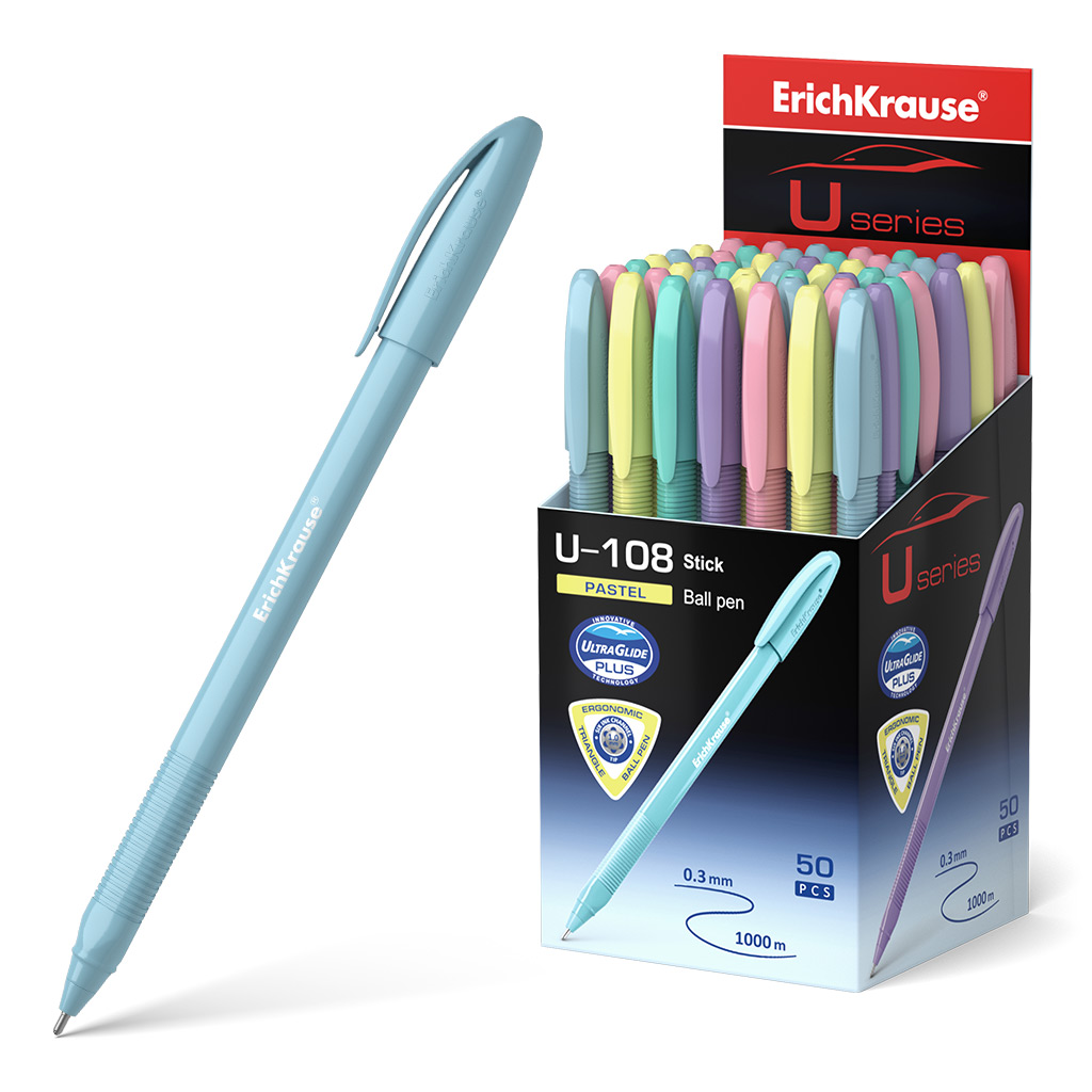 LOT de 50 Stylo bille Erichkrause U-108 Pastel Stick 1.0 - Technologie Ultra Glide - Encre bleue