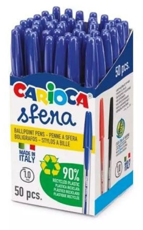 LOT de 50 Stylos Carioca Sfera - Pointe Ø 1mm - Capuchon et Encre Couleur Rétro - Écriture Super Coulissante - Paquet Papier - Couleur Bleu