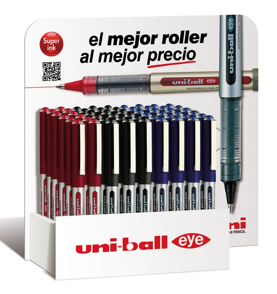 LOT de 54 Uni-ball Eye Micro UB-150 Présentoir de 54 stylos à encre liquide - Pointe sphérique de 0,5 mm - Encre résistante à l'eau et à la lumière - Système de contrôle de l'encre - Fenêtre de niveau d'encre - Couleurs assorties