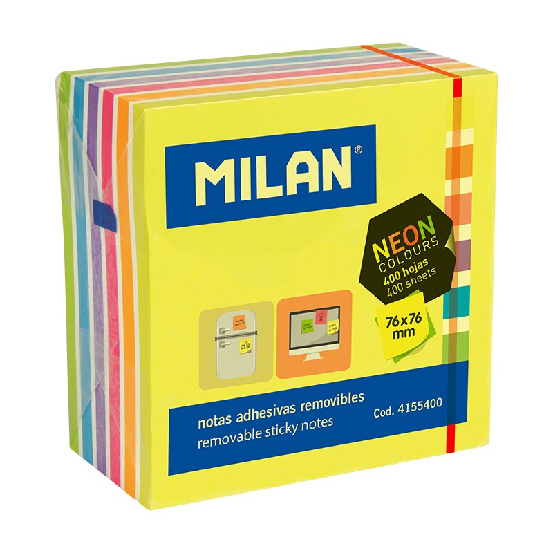 Bloc Milan de 400 Notes Autocollantes Néon - Amovibles - 76mm x 76mm - Couleurs Assorties