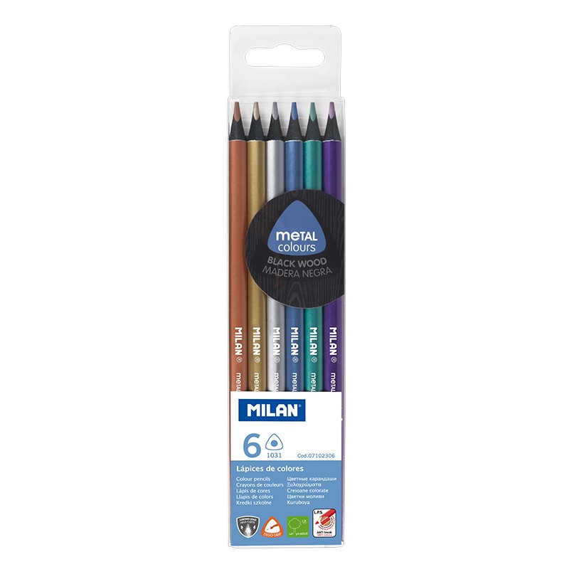 Lot de 6 crayons de couleur métalliques triangulaires Milan - Mine 2,9 mm - Ergonomiques - Incassables - Bois de tilleul - Couleurs assorties