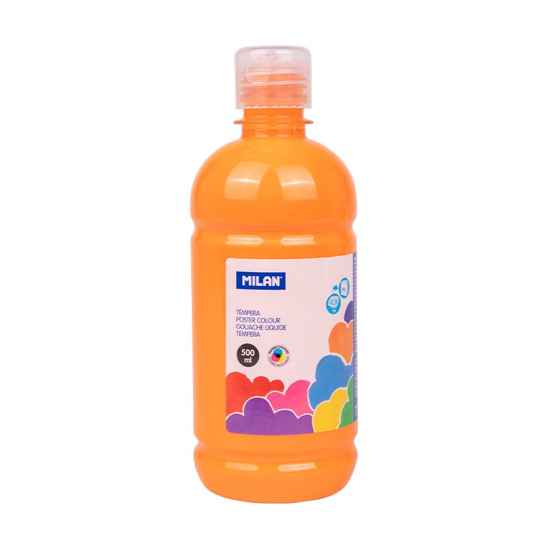 LOT de 6 Flacon Milan Tempera 500 ml - Bouchon distributeur - Séchage rapide - Miscible - Couleur Orange