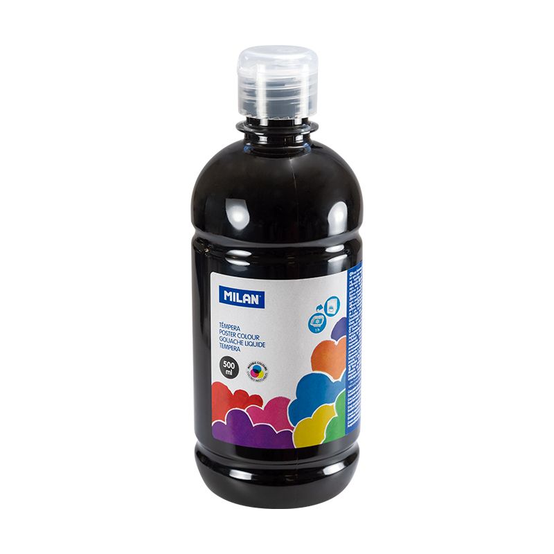 LOT de 6 Flacon Milan Tempera 500ml - Bouchon Distributeur - Séchage Rapide - Miscible - Couleur Noir