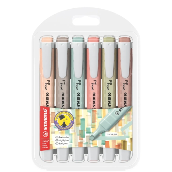 Lot de 6 marqueurs fluorescents Stabilo Swing Cool Naturecolors - Corps plat - Pointe biseautée - Taille de trait entre 1 et 4 mm - Encre à base d'eau - Anti-dessèchement - Couleurs assorties