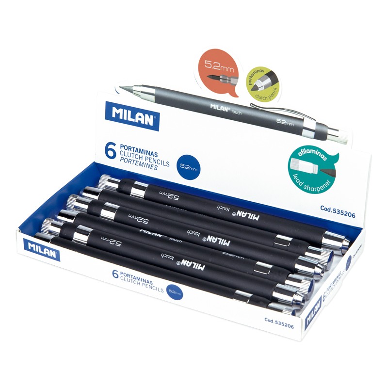 Lot de 6 Portemine professionnel Milan avec taille-crayon - Mine 5,2 mm - Haute qualité - Design et fonctionnalité - Couleur Noir