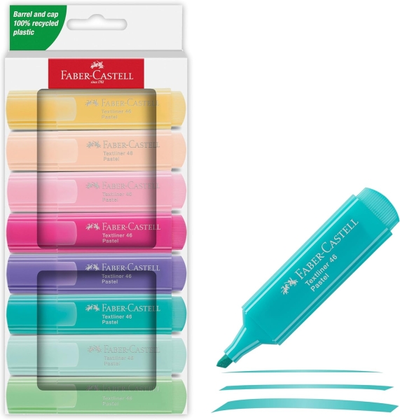 Lot de 8 marqueurs fluorescents Faber-Castell Textliner 46 Pastel - Pointe biseautée - Tailles de trait de 1 à 5 mm - Encre à base d'eau - Couleurs assorties