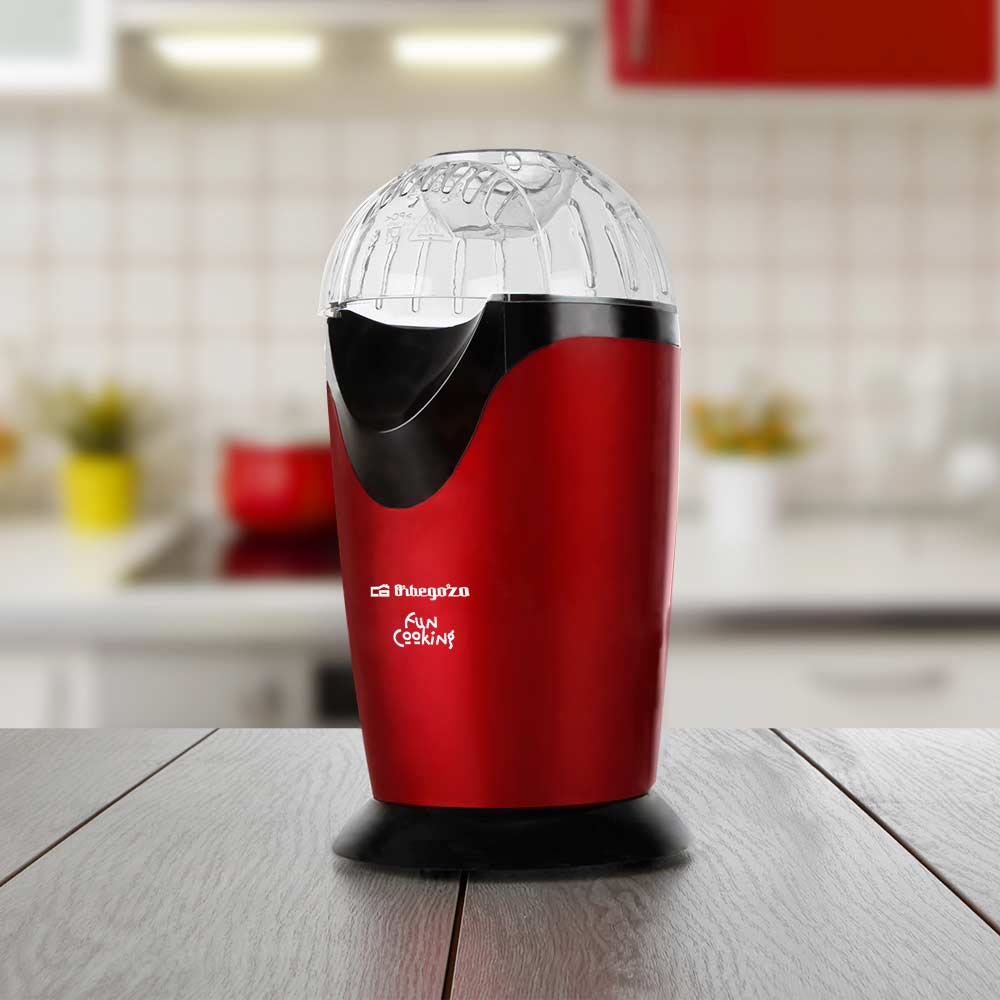 Machine à Popcorn Portable Orbegozo PA 4300 - Puissance 1000W - Rouge Métallisé - Sans Huile - Nettoyage Facile - Recettes de Saveurs