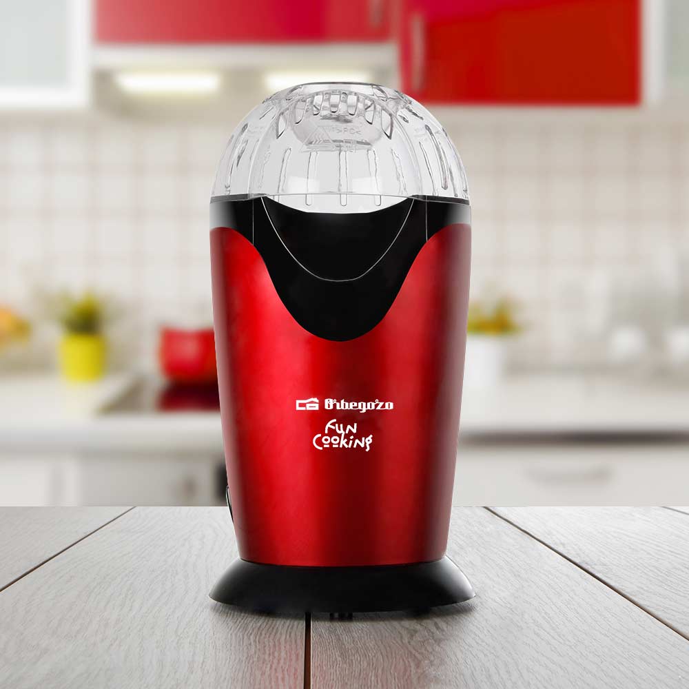 Machine à Popcorn Portable Orbegozo PA 4300 - Puissance 1000W - Rouge Métallisé - Sans Huile - Nettoyage Facile - Recettes de Saveurs