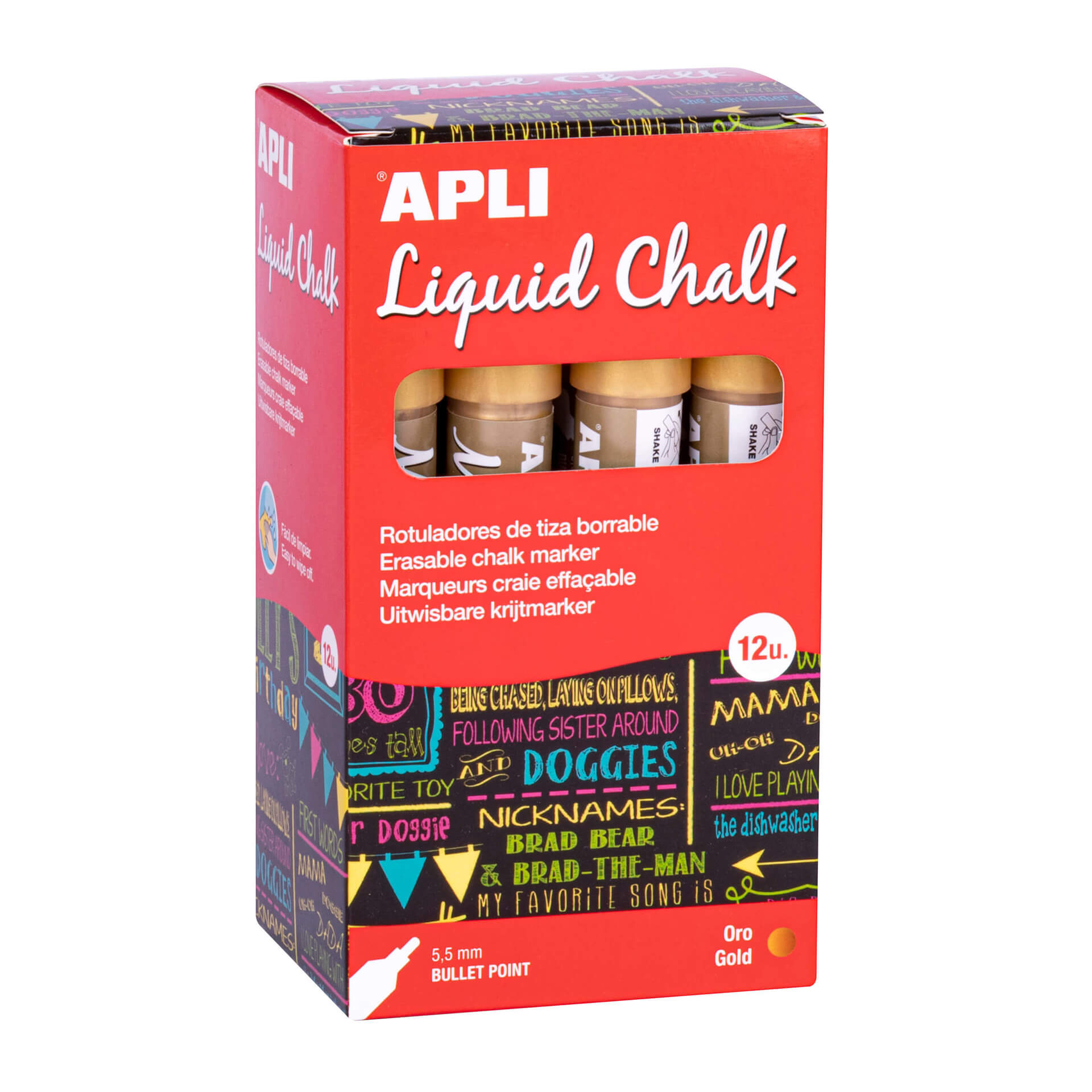 Marqueur à craie liquide Apli Gold - Pointe ronde - Idéal pour les tableaux noirs, le plastique, les fenêtres, la céramique, le vinyle, le métal, etc. - Facile à effacer - Séchage rapide - Utilisation simple - À base d'eau non toxique