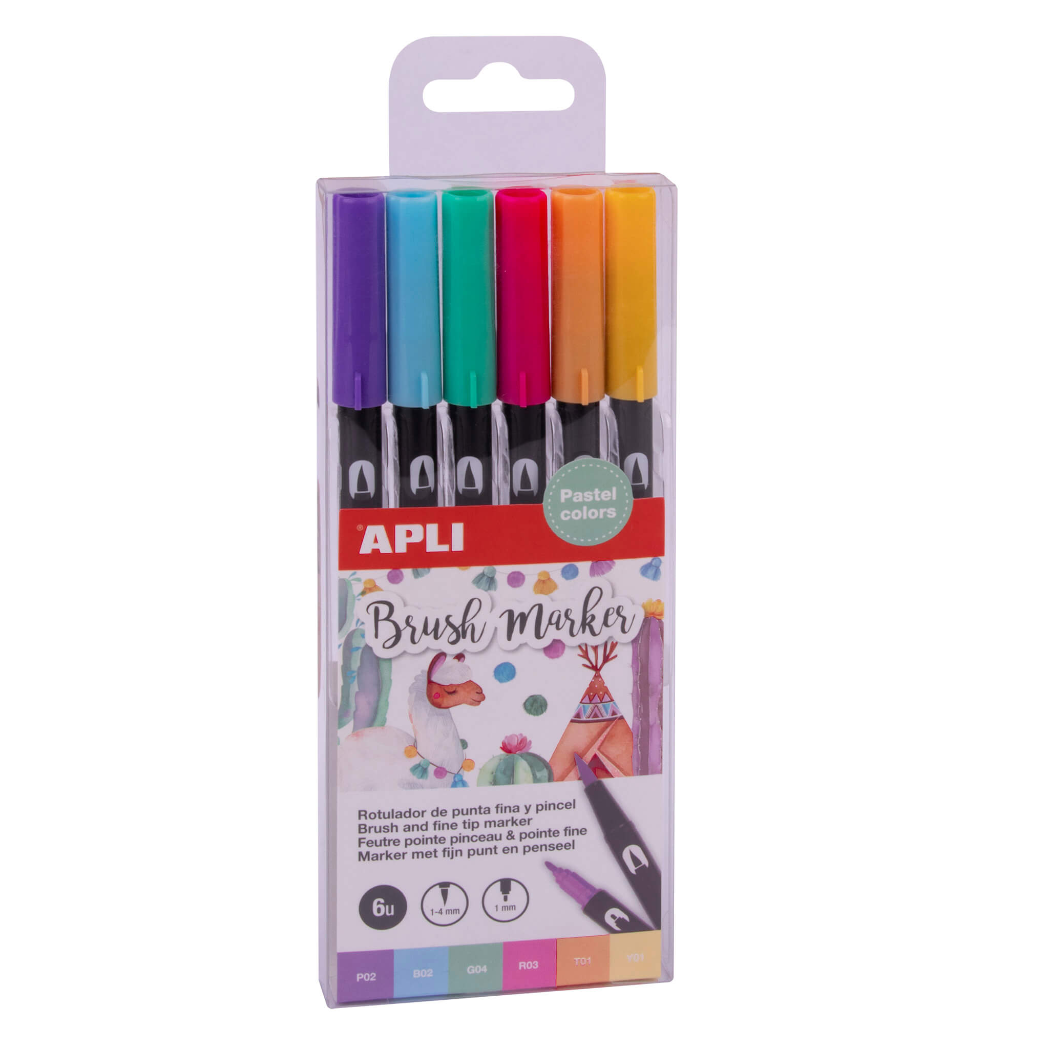 Marqueurs Apli Double Ended Aquarelle - 1-4mm et 1mm - Tons Pastel - Encre à Base d'Eau - Miscible - Pack 6 Couleurs