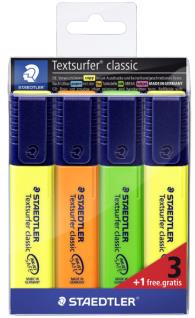 Marqueurs fluorescents Staedtler Textsurfer Classic 364, lot de 4 – Séchage rapide – Ligne 1 – 5 mm environ – Couleurs assorties