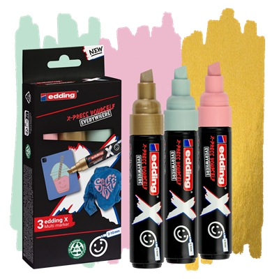 Marqueurs permanents multi-surfaces Edding X 6900 Pastel - Lot de 3 - Encre opaque - Pointe biseautée avec trait de 2 à 10 mm - Or, vert menthe et rose pastel