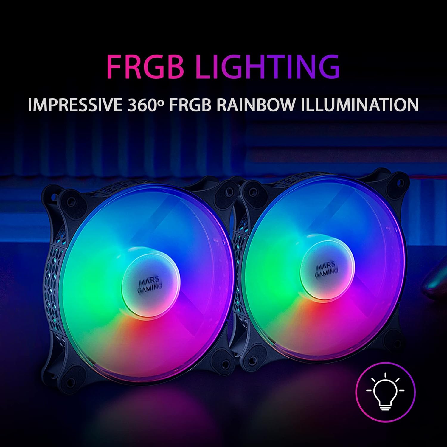 Mars Gaming Kit de 2 Spectaculaires Ventilateurs FRGB RAINBOW 360º - 120x120x25mm - Éclairage 360º FRGB RAINBOW - Ventilation Supérieure et Silencieuse - Connexion 3PIN+4PIN - Couleur Noir