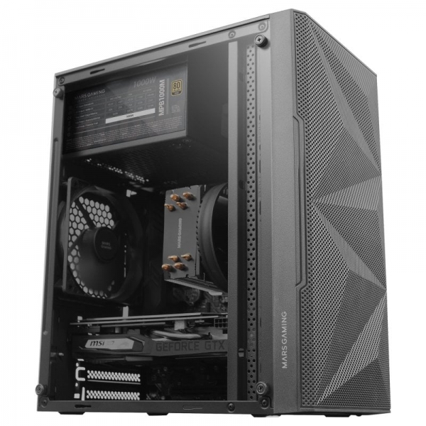 Mars Gaming MC-1500 Mini Tour - Fenêtre en Verre Trempé - Ventilation Silencieuse - Support Refroidissement Liquide - Stockage Flexible - Couleur Noir